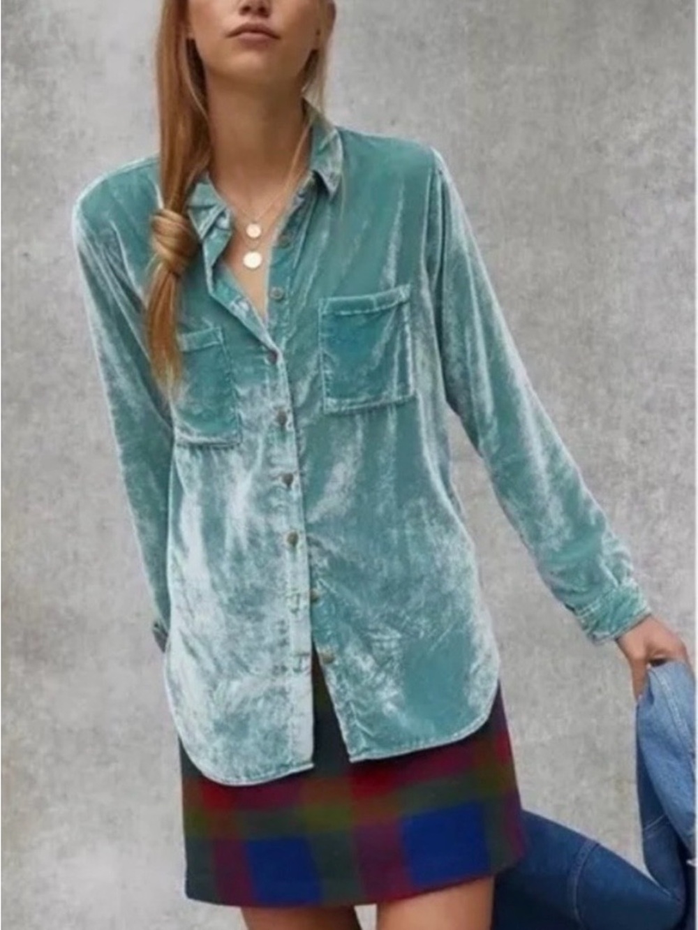 Anthropologie Pilcro Teal Velvet Button-Down Shirt